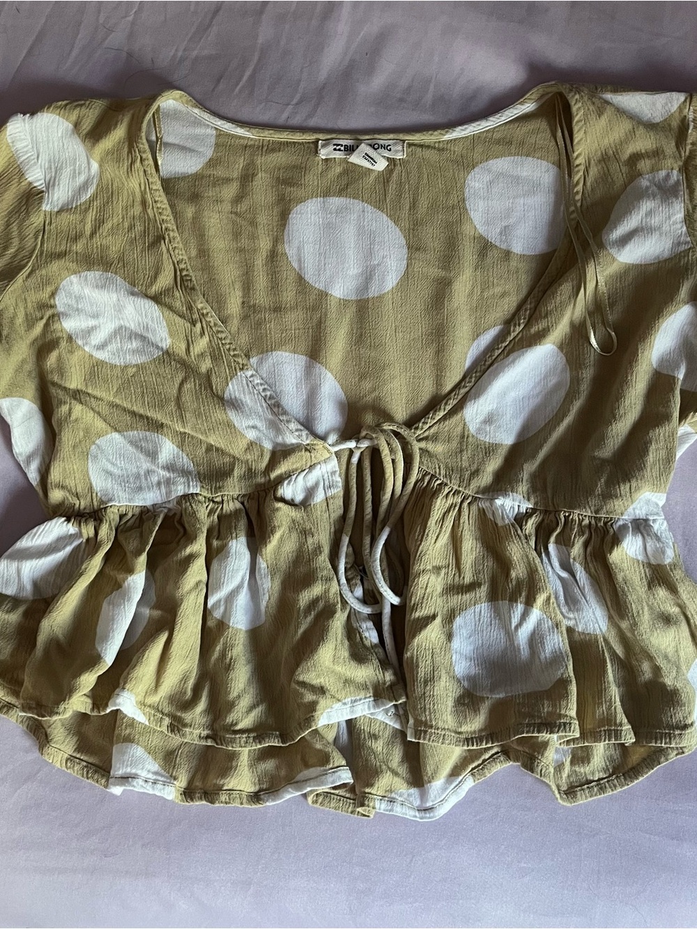 Billabong Olive & White Polka Dot Tie-Front Crop Top